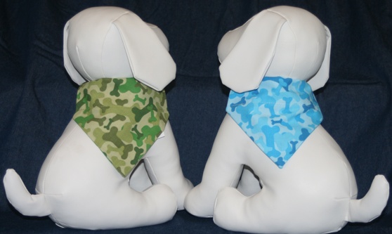 Stuffed Dogs modeling green and blue camouflage bones bandanas