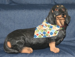 Dachshund modeling checkered Dachshund bandana