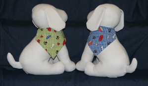 Stuffed Dogs modeling blue and green gingham bandanas