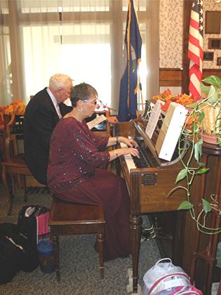 Gr. Organist Virginia Herrick & PGP Tom Miller at the pianos, Masonic Home Tea, 9/12/09